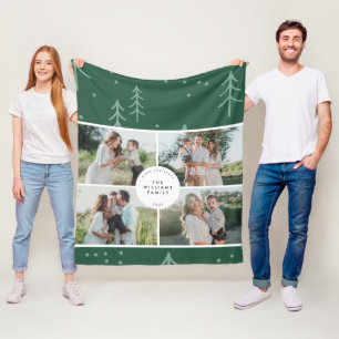 Modern Green Tree Family Photo Holiday Fleece Blanket
