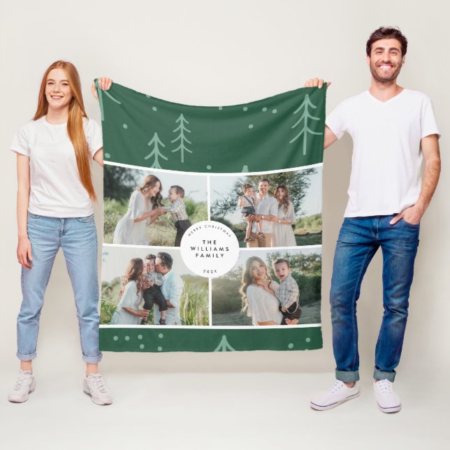 Modern Green Tree Family Photo Holiday Fleece Blanket (In Situ)