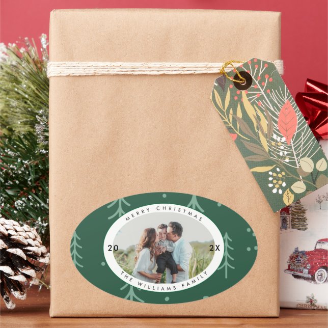 Modern Green Tree Family Photo Holiday Oval Sticker (Holiday)