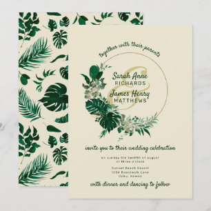 Modern Green Tropical Leaf Circle Wreath Wedding Invitation