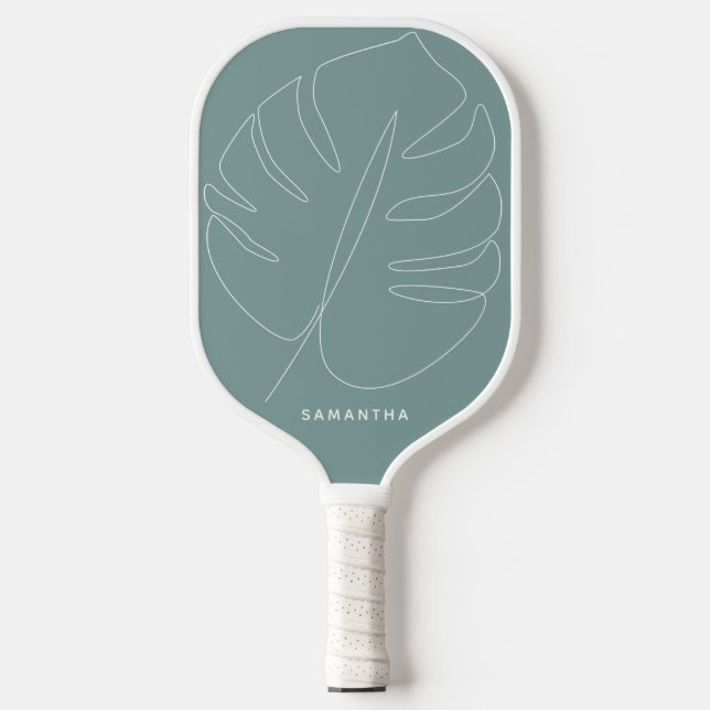 Modern Green Tropical Leaf Line Drawing Name Pickleball Paddle (Front)