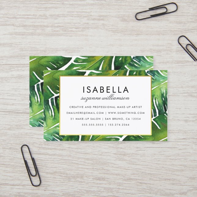 Modern Green Tropical Leaves Business Card (Front/Back In Situ)