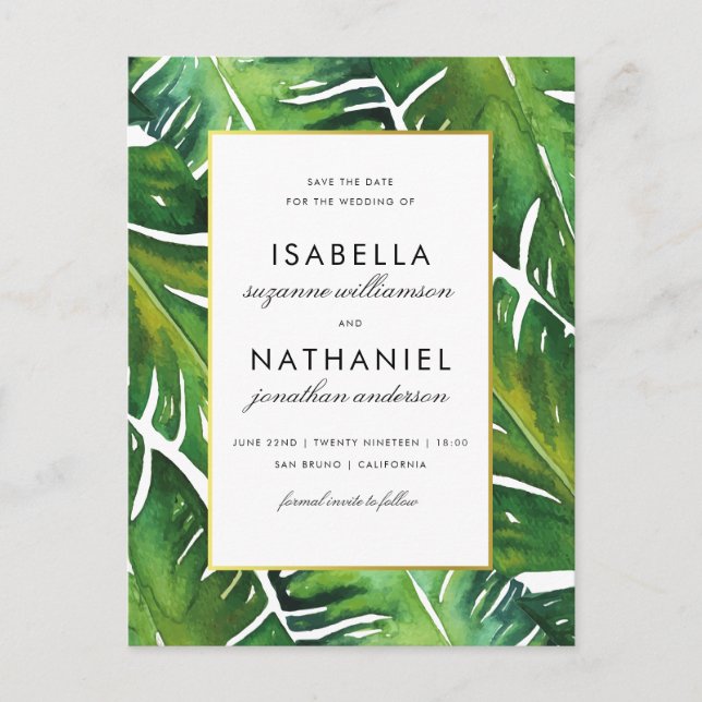Modern Green Tropical Leaves Save The Date Announcement Postcard (Front)