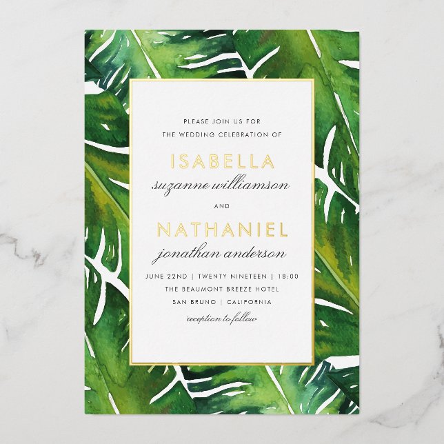Modern Green Tropical Leaves Wedding (Front)