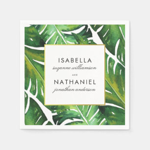 Modern Green Tropical Leaves Wedding Napkin