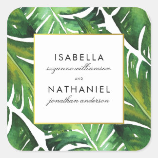Modern Green Tropical Leaves Wedding Square Sticker