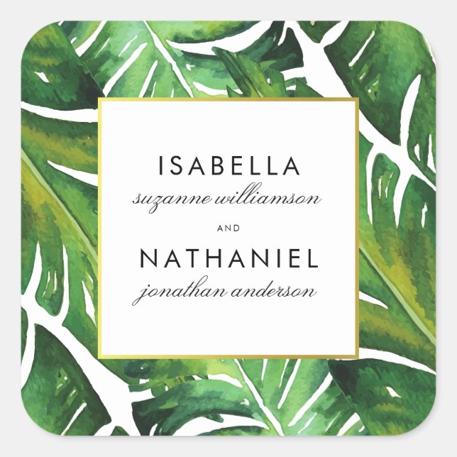 Modern Green Tropical Leaves Wedding Square Sticker (Front)