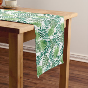 Modern Green Tropical Palm Leaves Pattern Short Table Runner