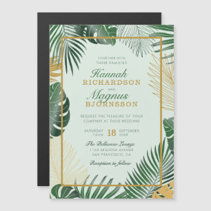 Modern Green Tropical Palm Leaves Trendy Wedding Magnetic Invitation