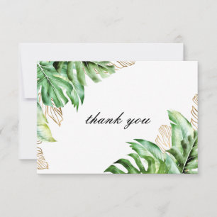 Modern green tropical watercolor leaves Wedding Thank You Card