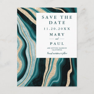 Modern green turquoise agate marble save the date announcement postcard