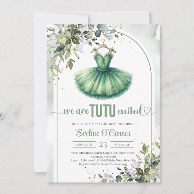 Modern green tutu dress greenery and gold  invitation (Front)