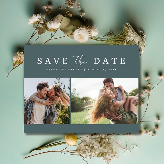 Modern Green Two Photo Wedding Save the Date Announcement Postcard (Modern Green Two Photo Wedding Save the Date Postcard)