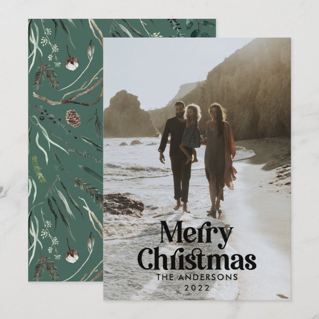  Modern green watercolor botanical typography Holiday Card (Front/Back)