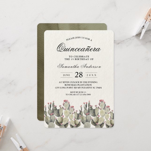Modern Green Watercolor Cactus  Invitation (Front/Back In Situ)