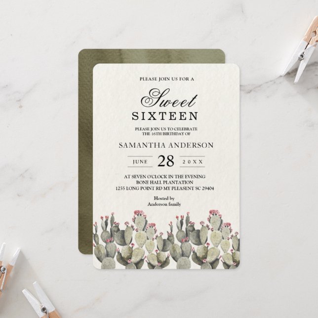 Modern Green Watercolor Cactus  Invitation (Front/Back In Situ)