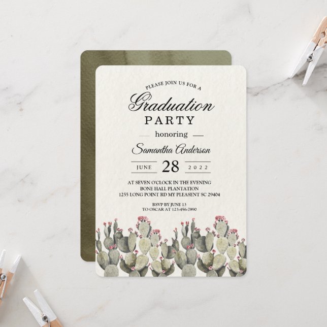 Modern Green Watercolor Cactus  Invitation (Front/Back In Situ)