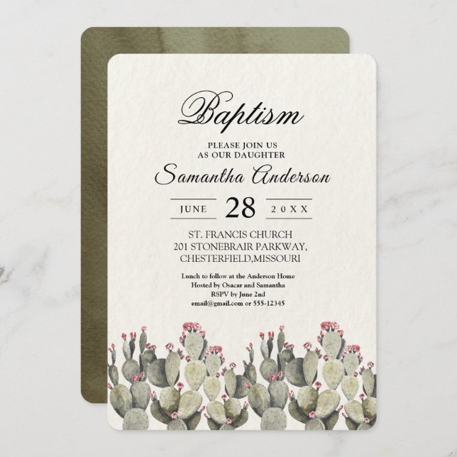 Modern Green Watercolor Cactus  Invitation (Front/Back)