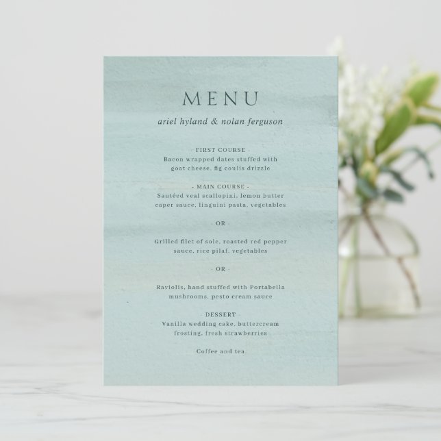 Modern Green Watercolor Elegant Wedding Menu (Standing Front)