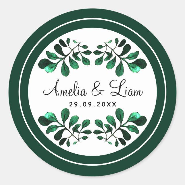 Modern Green Watercolor Greenery Foliage Wedding Classic Round Sticker (Front)