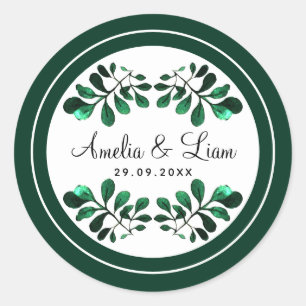 Modern Green Watercolor Greenery Foliage Wedding Classic Round Sticker