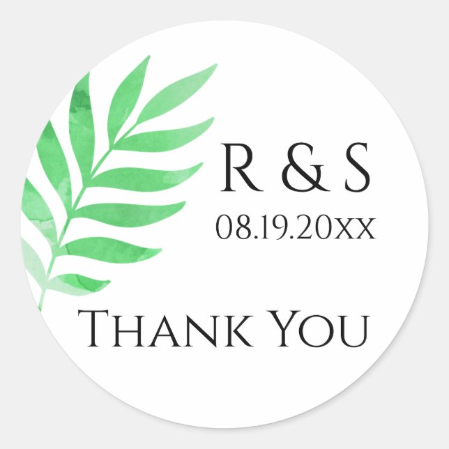 Modern Green Watercolor Leaf Thank You Classic Round Sticker (Front)