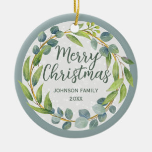 Modern Green Watercolor Leaves Holiday Photo Ceramic Tree Decoration