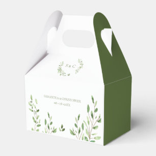 Modern Green Watercolor leaves monogram wedding Favour Box
