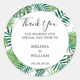 Modern green watercolor tropical leaves wedding classic round sticker