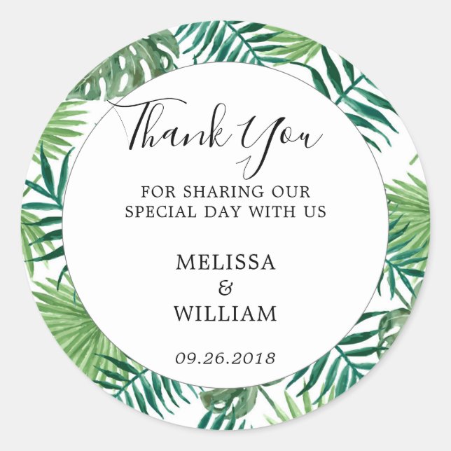 Modern green watercolor tropical leaves wedding classic round sticker (Front)