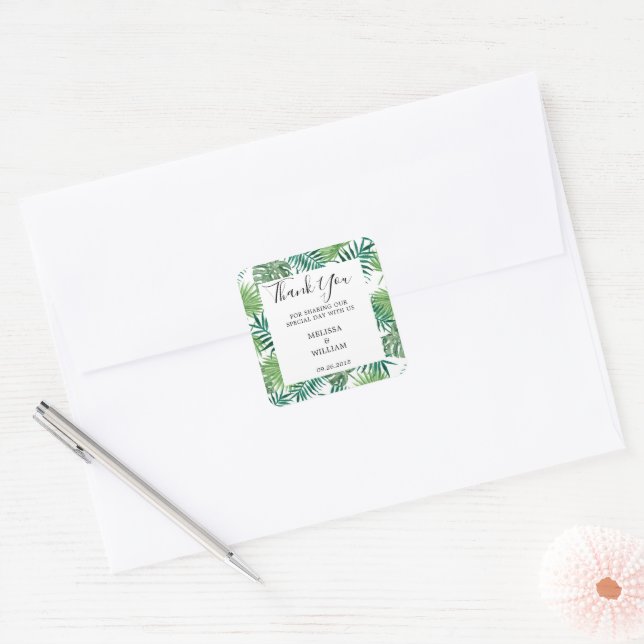 Modern green watercolor tropical leaves wedding square sticker (Envelope)
