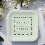 Modern Green Wavy Frame Wedding Paper Plate<br><div class="desc">Add a stylish touch to your wedding reception, rehearsal dinner, engagement party, or wedding shower with these Modern Green Wavy Frame paper plates. The retro wedding paper plates display the couple's names in bold green lettering surrounded by a green wavy border contrasting with a light green background. The trendy wedding...</div>
