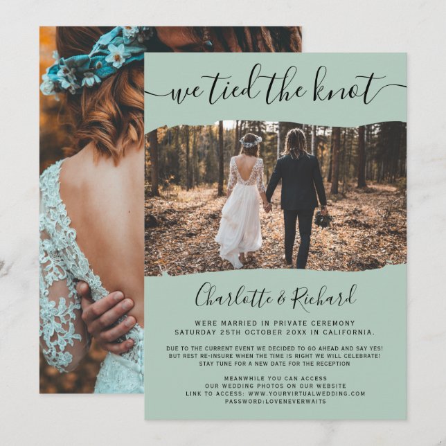 Modern green wedding elopement tied the knot photo announcement (Front/Back)