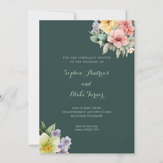 Modern Green Wedding Invitation & Pastel Flowers (Front)