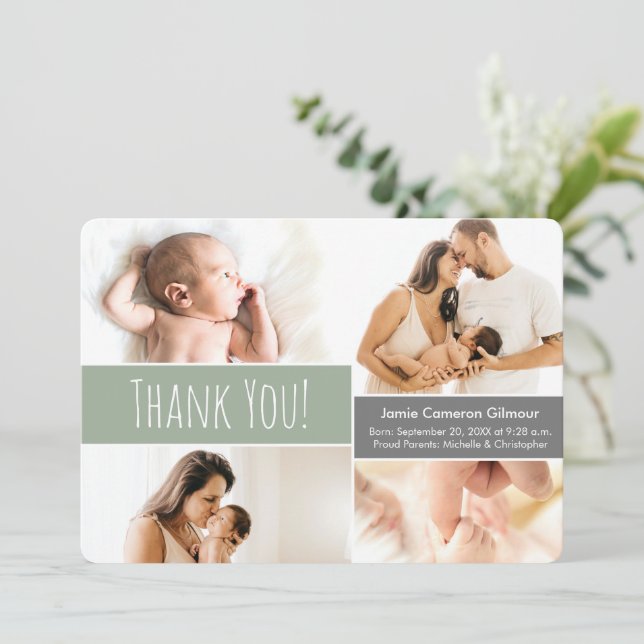 Modern Green Welcome Home Baby boy Photo Collage Thank You Card (Standing Front)