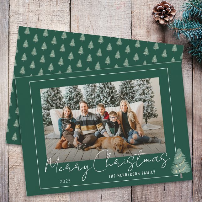 Modern Green Whimsical Christmas Tree Family Photo Holiday Card (Modern festive tree lights christmas family photo green & white holiday flat card Whimsical script)