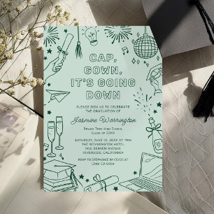 Modern Green Whimsical Doodle Graduation Invitation