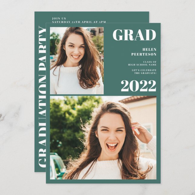 Modern green white 3 photos graduation invitation (Front/Back)