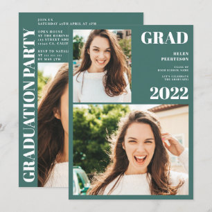 Modern green white 3 photos graduation invitation