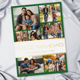 Modern Green White 7 Photo Collage Feliz Navidad Foil Holiday Card
