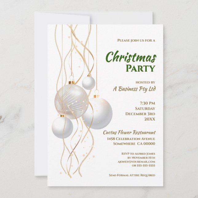 Modern Green, White and Gold Christmas Party Invitation (Back)
