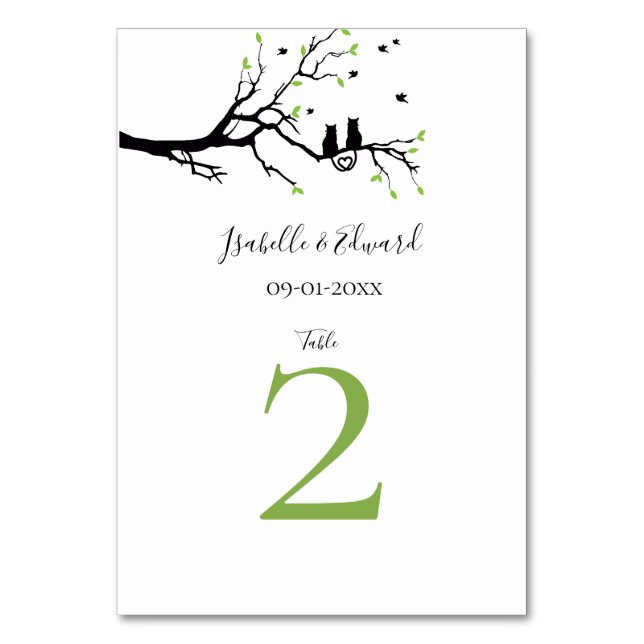 Modern Green White Black Cats In Love Wedding Tabl Table Number (Front)