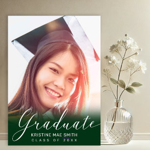 Modern Green White Calligraphy Photo Graduation  Invitation
