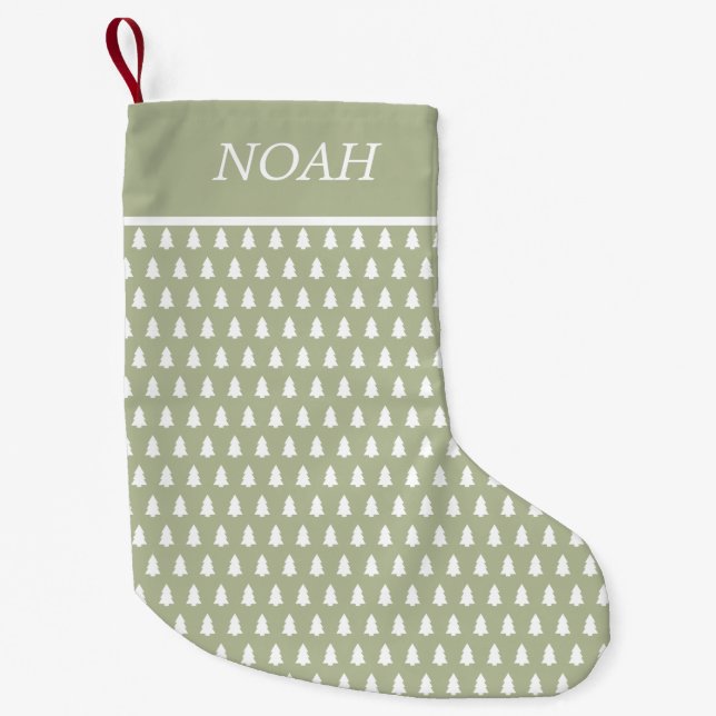 Modern Green White Christmas Tree Pattern Name Small Christmas Stocking (Front)