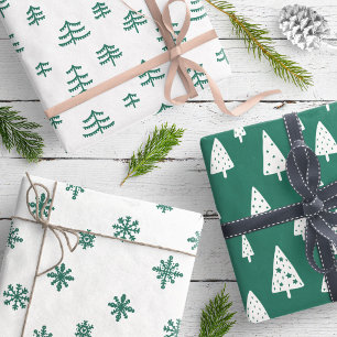 Modern Green & White Christmas Trees Snowflakes Wrapping Paper Sheet