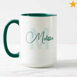 Modern Green White Custom Name Cursive Monogram Mug