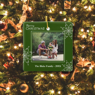 Modern Green White Frame Family Photo Christmas Ceramic Ornament