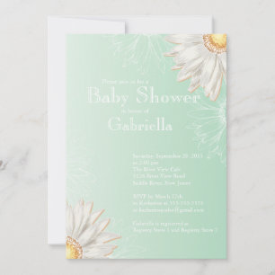 Modern Green & White Gerbera Daisy Baby Shower Invitation