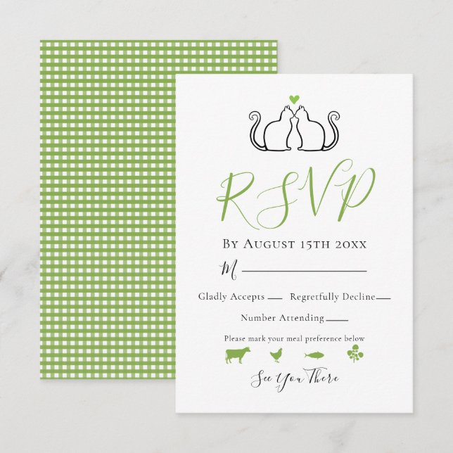 Modern Green White Gingham Cats In Love Wedding RSVP Card (Front/Back)