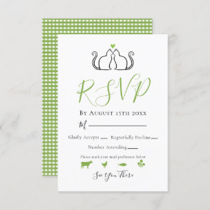 Modern Green White Gingham Cats In Love Wedding RSVP Card